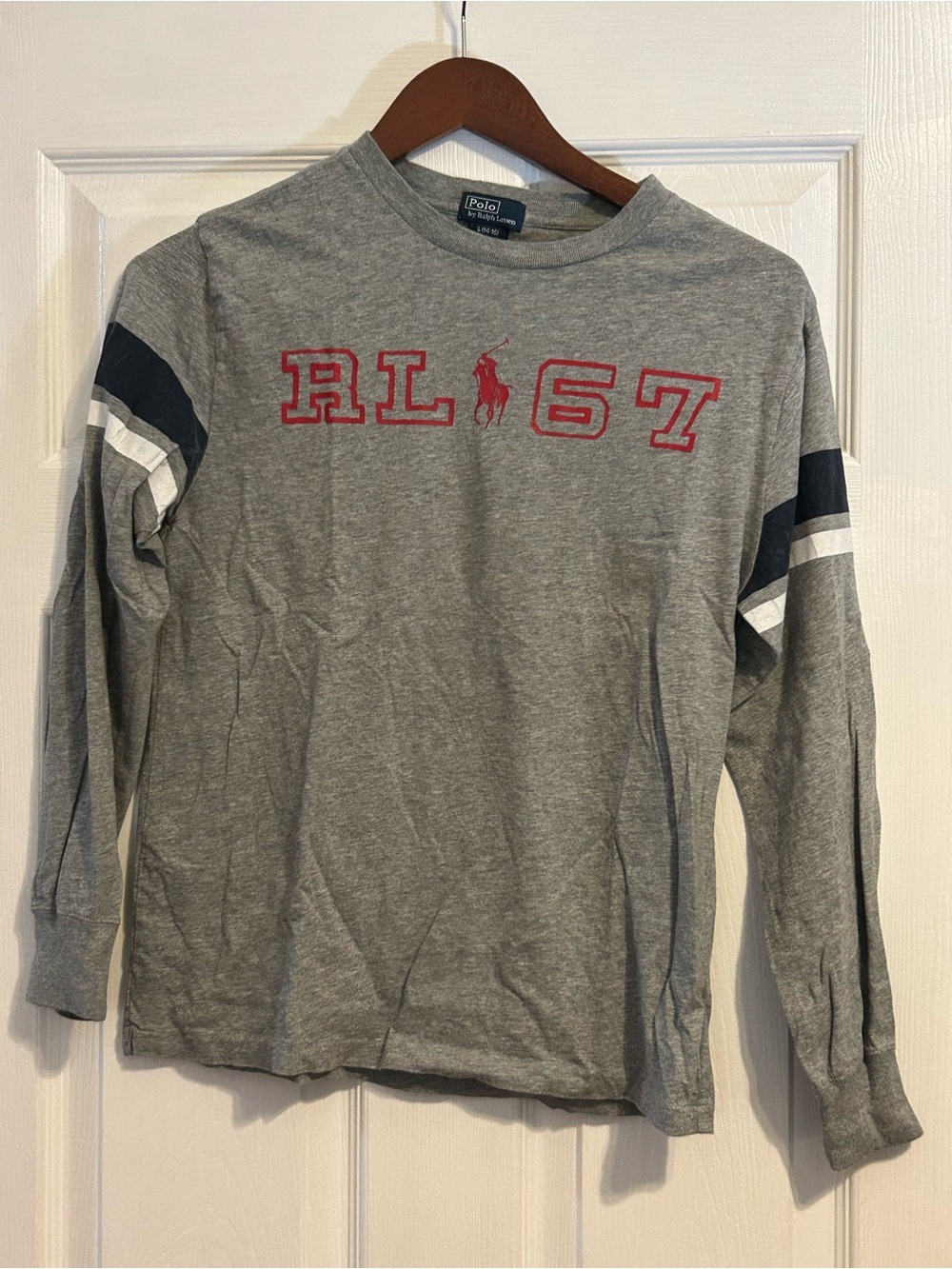 Ralph Lauren Grey Long-Sleeve Crew with Red RL 67 Logo